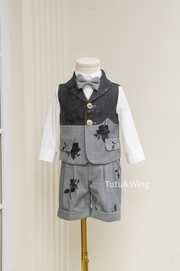Noir Bloom | Noir & Slate Embroidered Three-Piece Suit Set