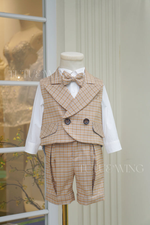 Tutu Bespoke | Three-Piece Checkered Suit Mocha Herringbone Vest Set
